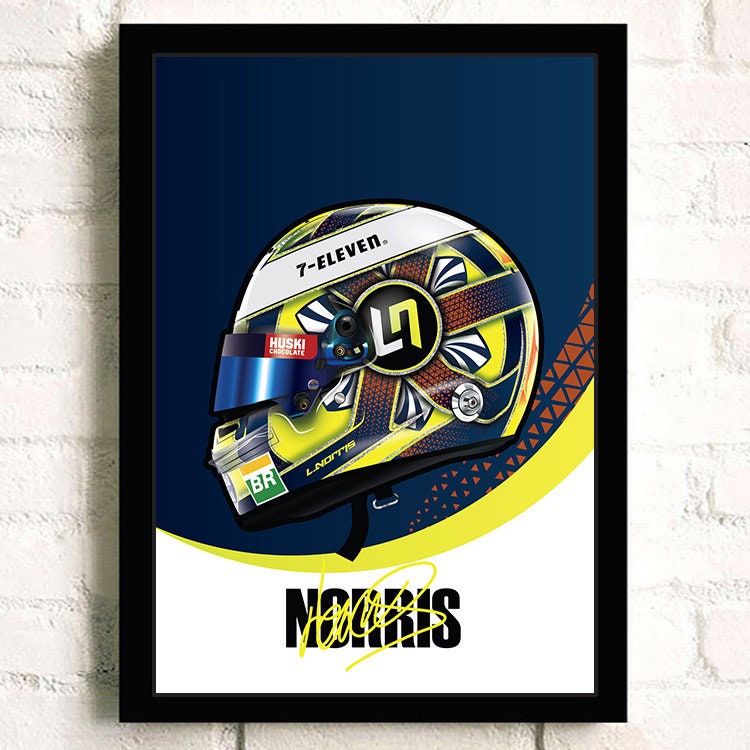 Fesselndes Formel 1 Helm Poster mit dem einzigartigen Design von Lando Norris, exklusiv von justgoodmood. Ideal für begeisterte Autofans!