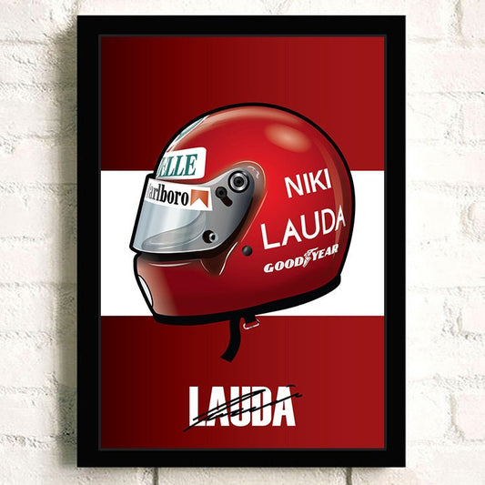 Einzigartiges Poster eines Niki Lauda Rennfahrerhelms von justgoodmood, ideal für die Einrichtung von Sportliebhabern und als Geschenk.