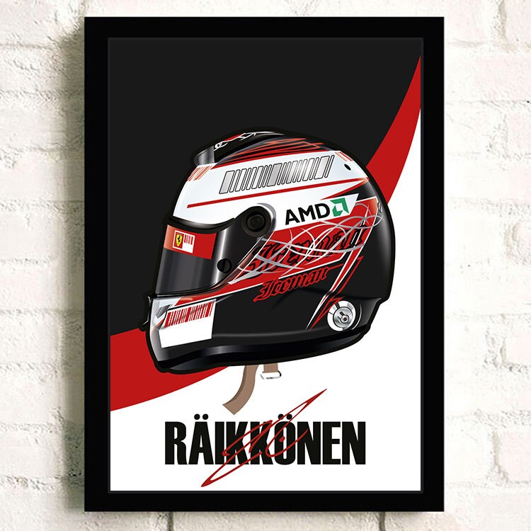 Beeindruckendes Poster eines Formel 1 Helms von Kimi Räikkönen, kunstvoll in Szene gesetzt. Ideal für die individuelle Raumgestaltung, erhältlich bei justgoodmood.