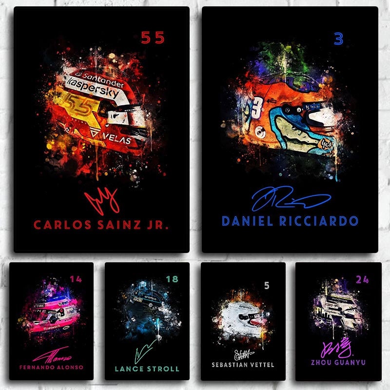 Buntes Aquarell-Poster mit Formel 1 Helmen von justgoodmood - eine stilvolle Wanddekoration für Motorsport-Fans, inklusive Unterschriften der Rennfahrer und Rennnummern.