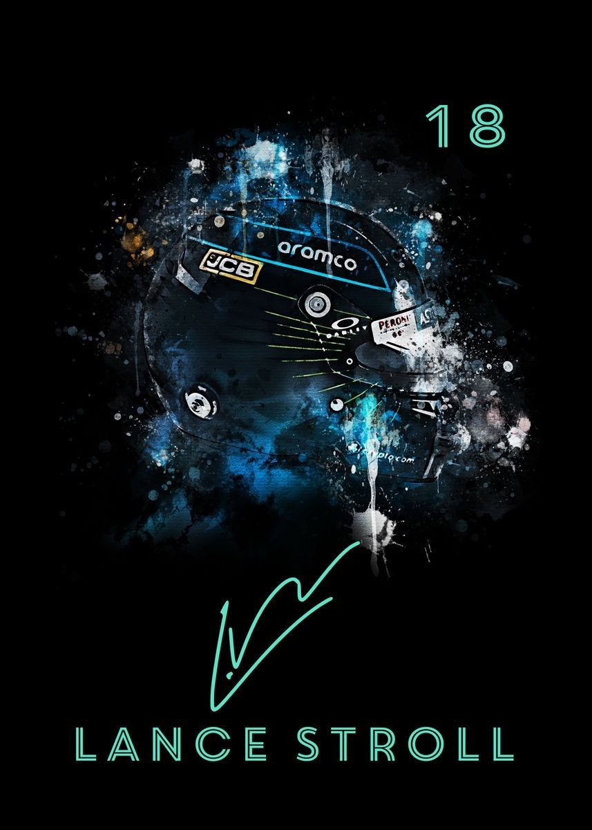Stimmungsvolles Aquarell-Poster eines Formel 1 Helms mit der Nummer 18, angeboten von justgoodmood. Perfekte Wanddekoration für Rennsportfans.