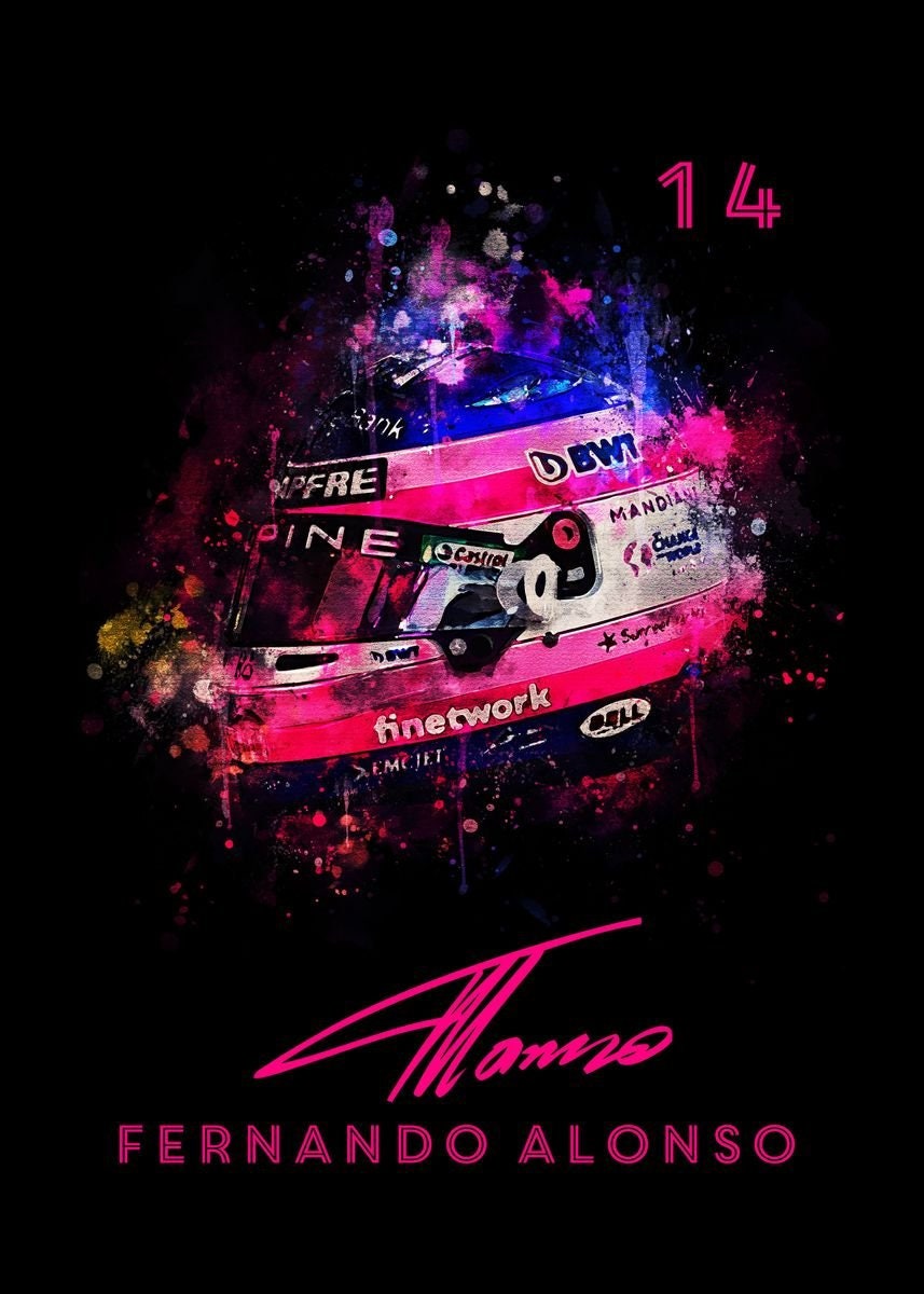 Faszinierendes Aquarell-Poster eines Formel 1 Helms mit der Nummer 14, von justgoodmood. Ein echter Blickfang für jede Wand und Motorsportliebhaber.