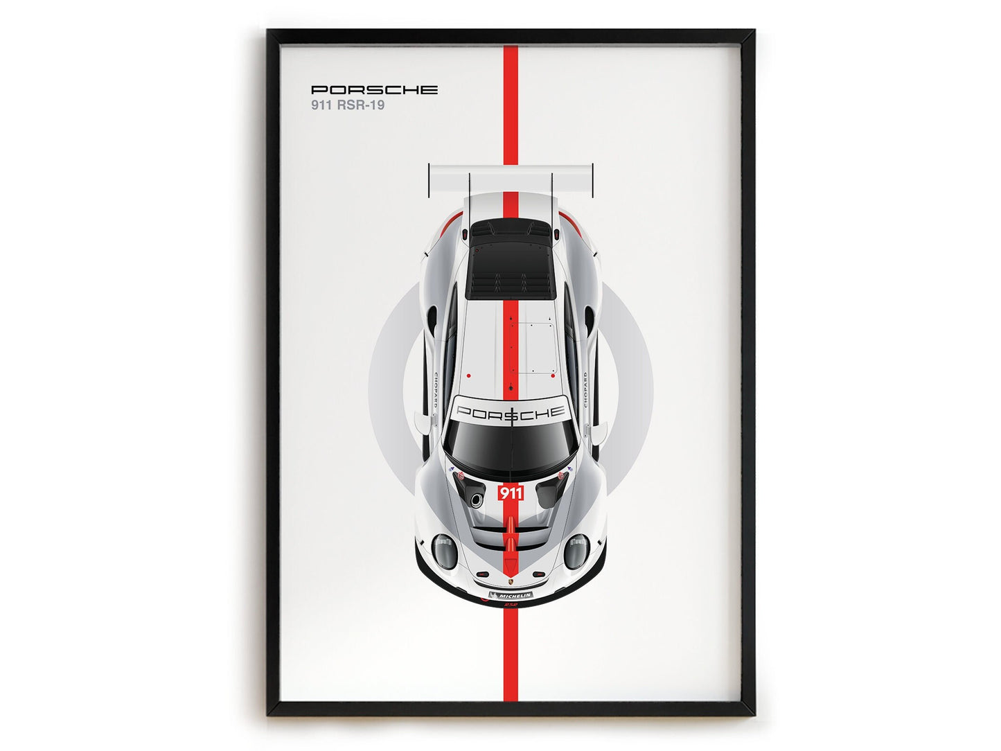 Entdecken Sie das elegante Poster von justgoodmood: Porsche 911 RSR-19 in stilvollem Design. Ideal für Motorsportliebhaber und als Deko-Print ohne Rahmen.