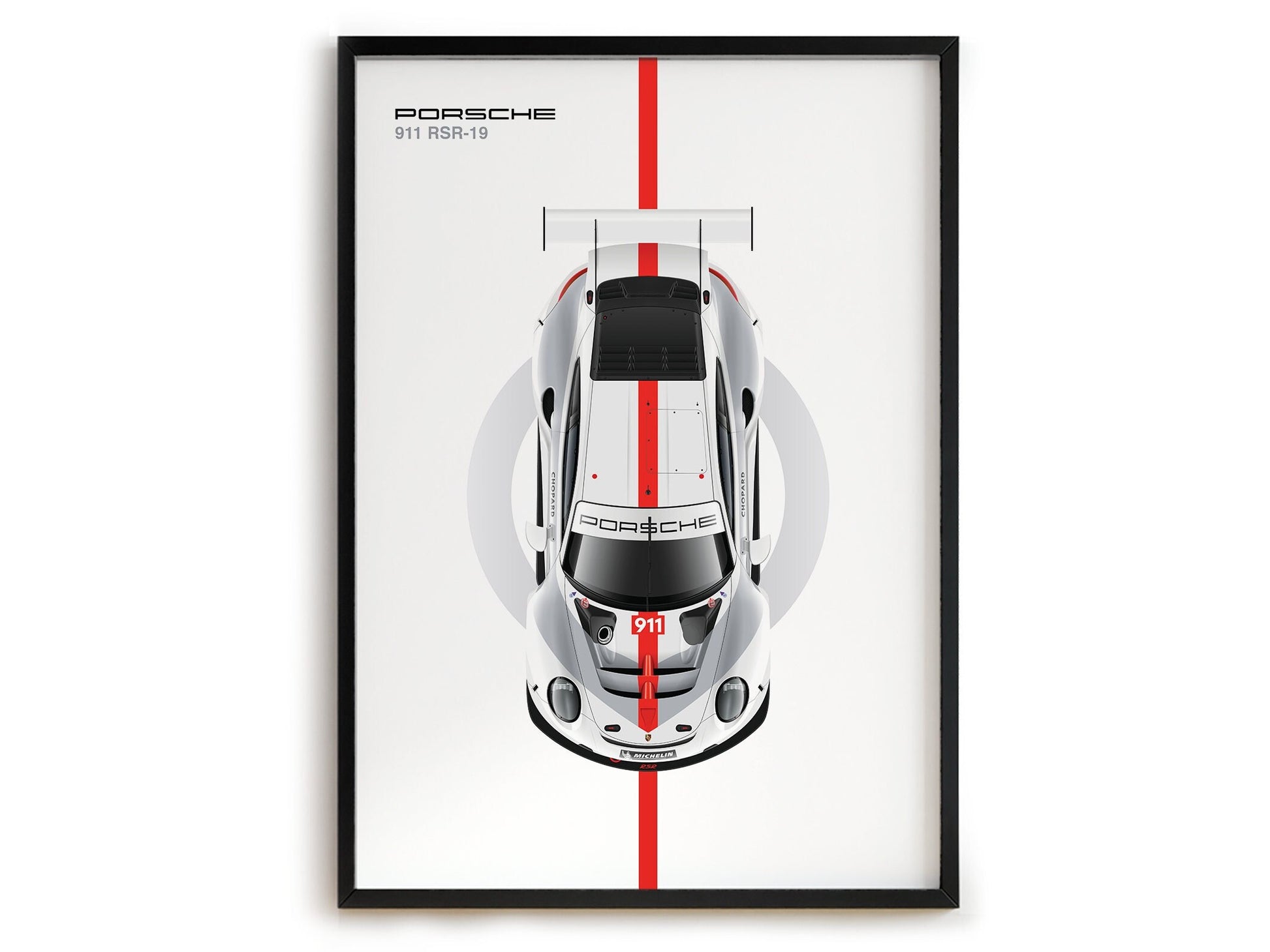 Entdecken Sie das elegante Poster von justgoodmood: Porsche 911 RSR-19 in stilvollem Design. Ideal für Motorsportliebhaber und als Deko-Print ohne Rahmen.