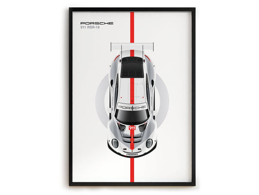 Entdecken Sie das elegante Poster von justgoodmood: Porsche 911 RSR-19 in stilvollem Design. Ideal für Motorsportliebhaber und als Deko-Print ohne Rahmen.