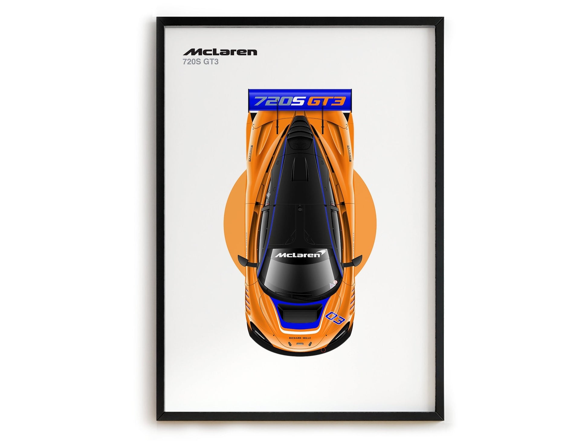 Faszinierendes Poster eines McLaren 720S GT3 Rennwagens, ein Muss für jeden Rennsportliebhaber! Hochwertiger Druck von justgoodmood.