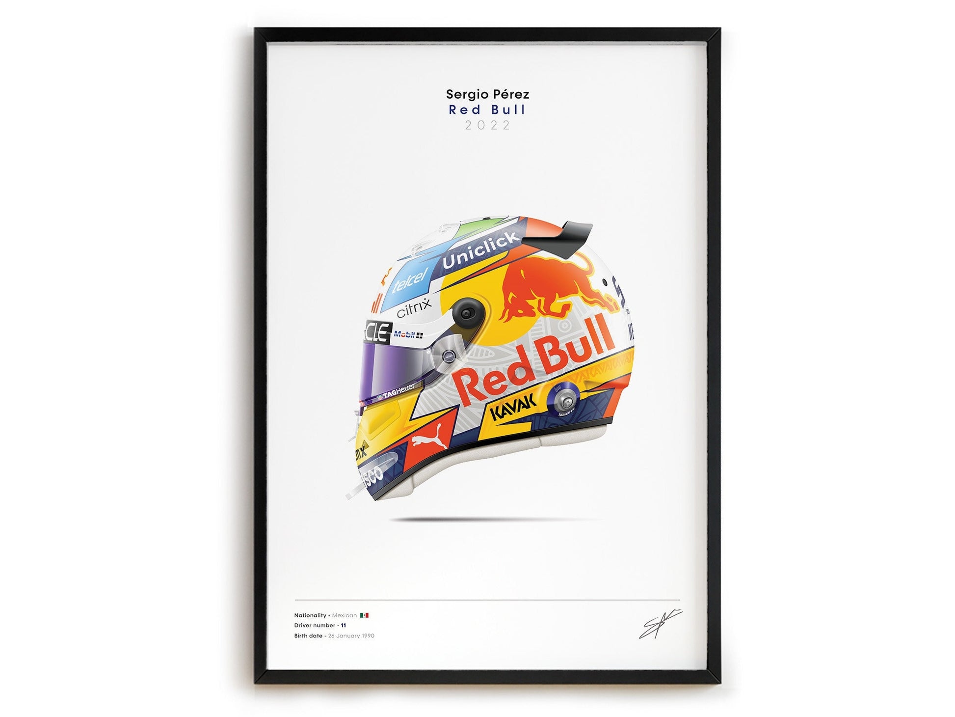 Poster Formel 1 Rennwagen Helm von Sergio Pérez, 2022, lebendiger Druck für jede Motorsport-Deko von justgoodmood.