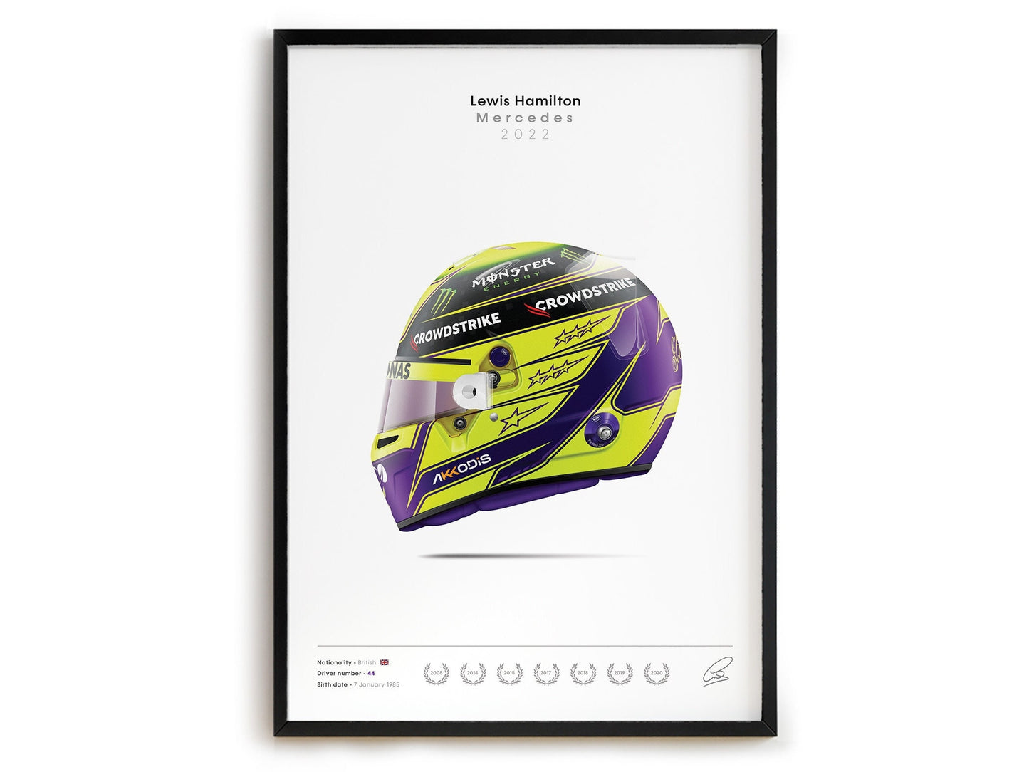 Buntes Poster eines Formel 1 Helms mit Unterschrift, präsentiert von justgoodmood. Ein Must-Have für Motorsportfans, das jeden Raum aufleben lässt!