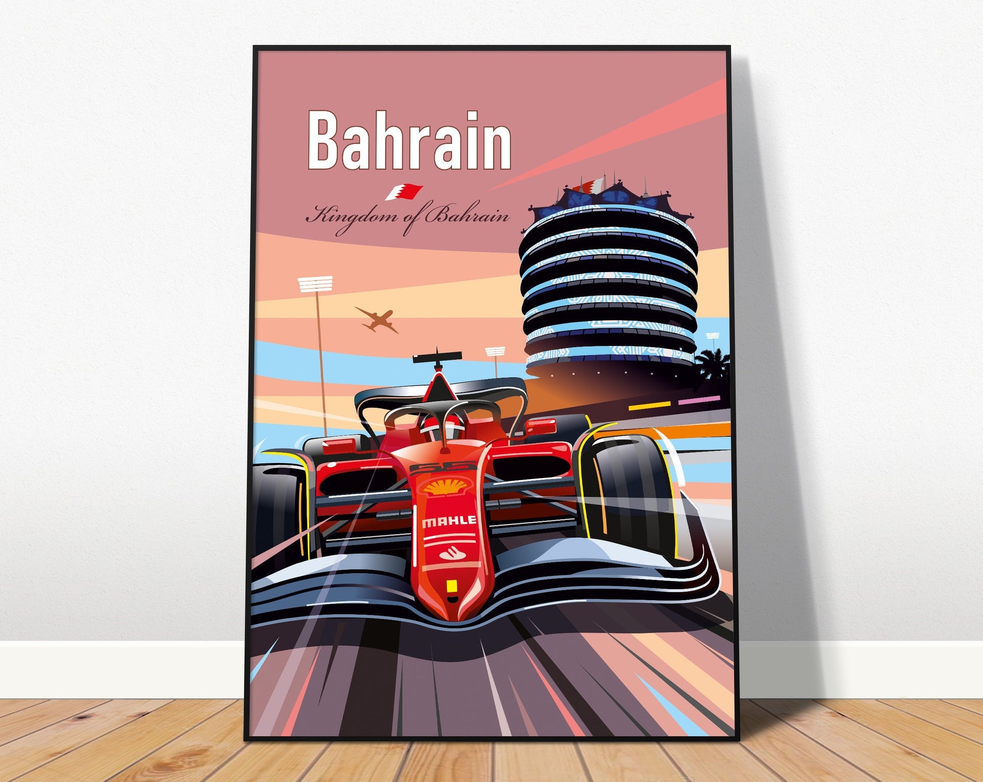 Atemberaubendes Formel 1 Poster von justgoodmood zeigt den Rennwagen in Bahrain, ideal für die kreative Raumgestaltung.