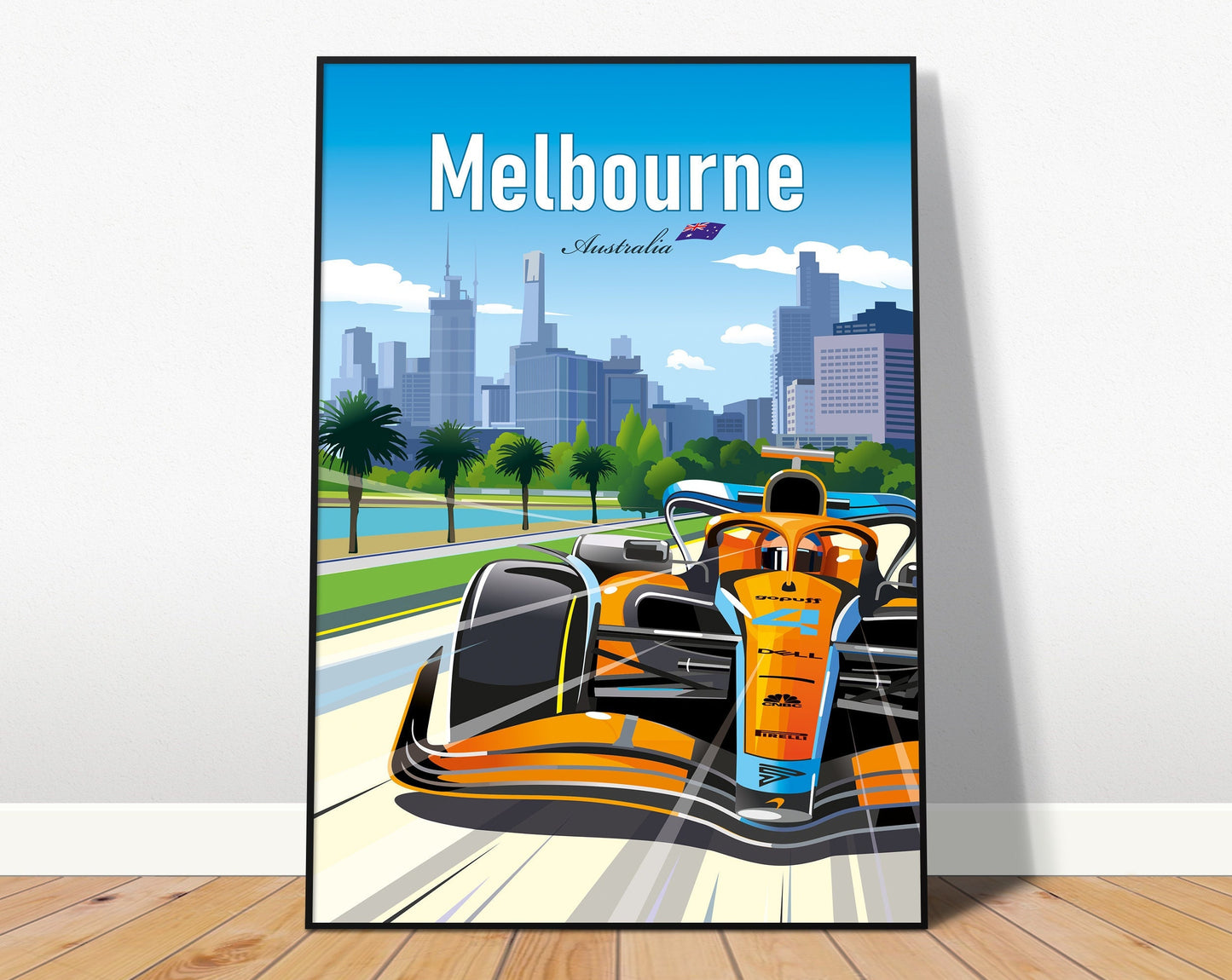 Vibrantes Formel 1 Poster von justgoodmood, das einen Rennwagen in Melbourne darstellt, ein Muss für jeden Motorsportliebhaber.