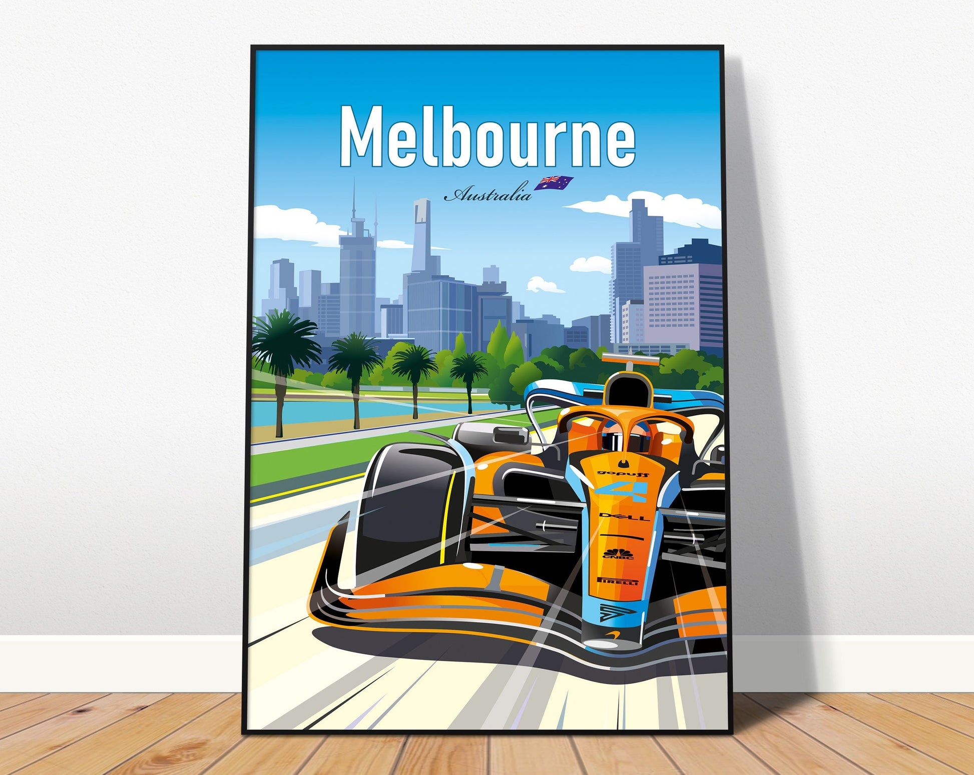 Vibrantes Formel 1 Poster von justgoodmood, das einen Rennwagen in Melbourne darstellt, ein Muss für jeden Motorsportliebhaber.