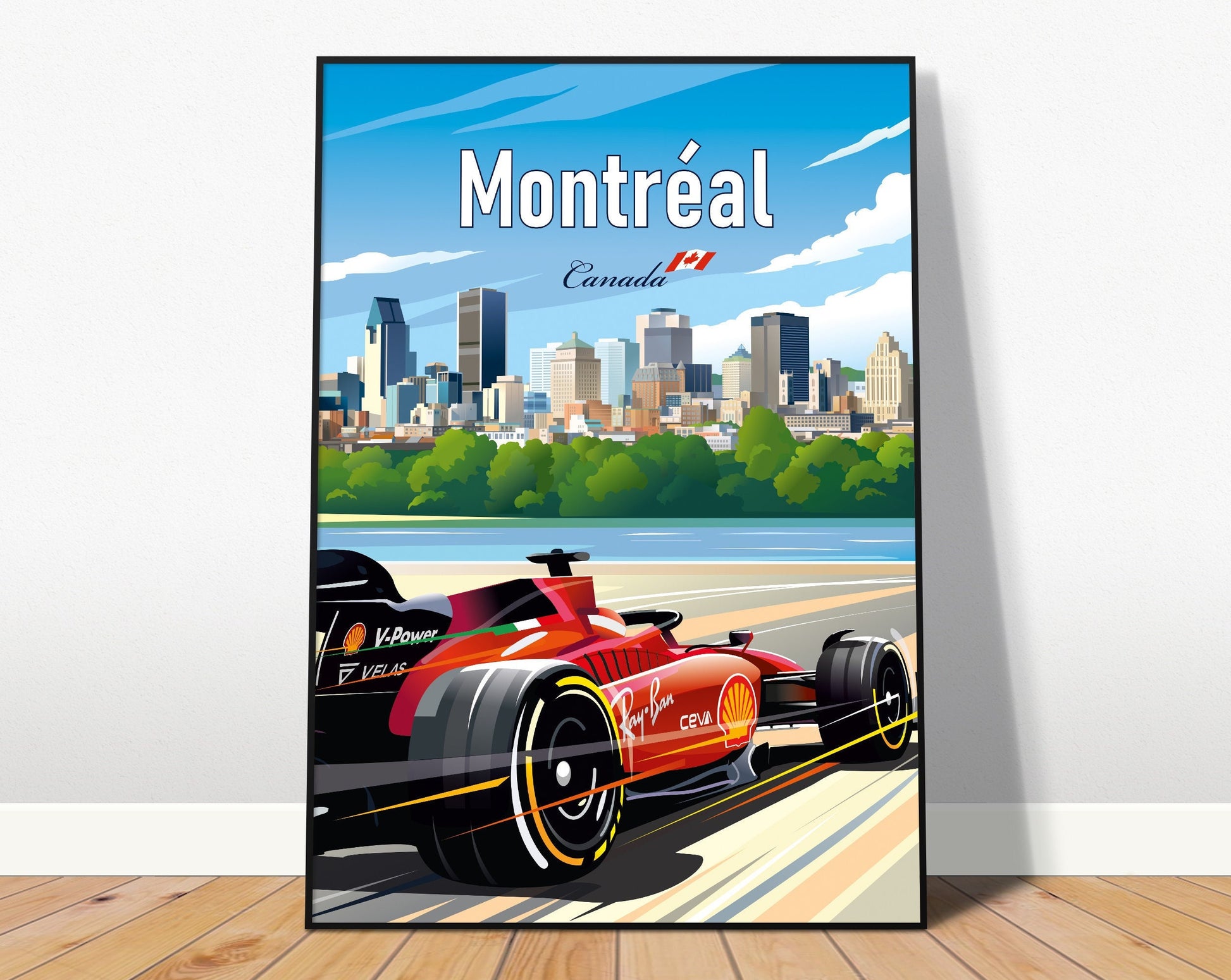 Faszinierendes Formel 1 Poster von justgoodmood, das die Stadt Montréal, Kanada, hinter einem Rennwagen zeigt – ein ideales Deko-Element für jeden Raum.