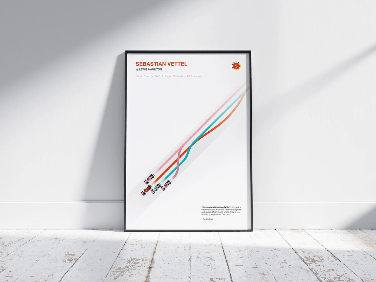 Poster Formel 1 Überholmanöver von justgoodmood, zeigt die spannenden Kontraste zwischen den Rennwagen von Sebastian Vettel und Lewis Hamilton, ideal für eine lebendige Raumatmosphäre.