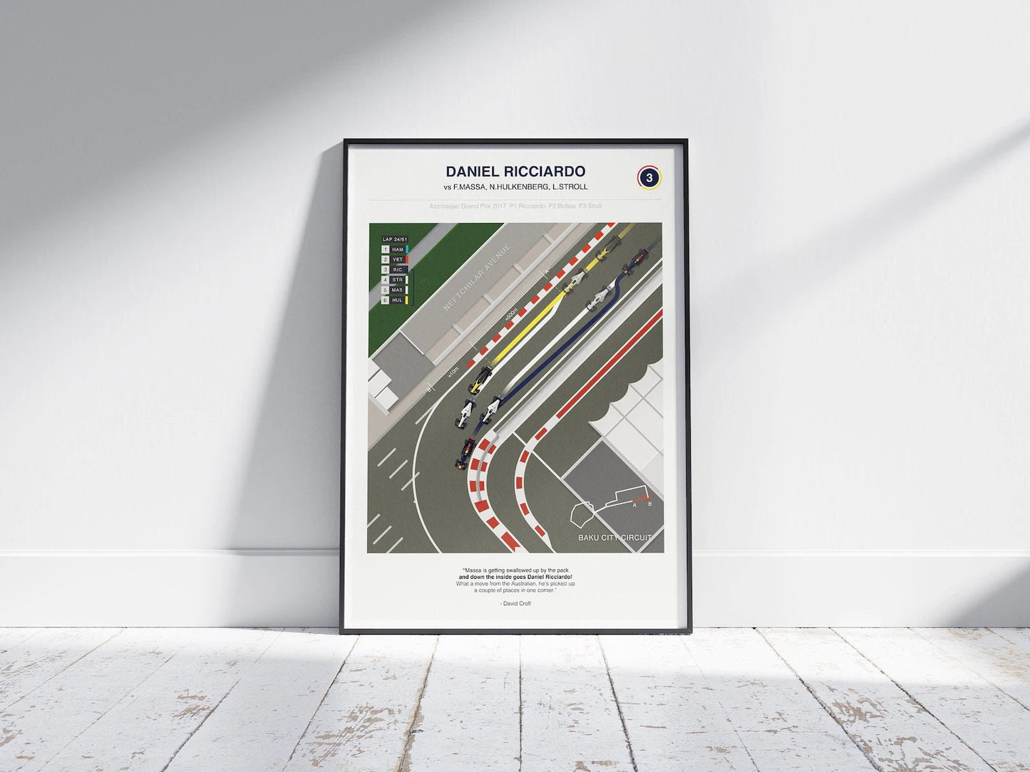 Kreatives Deko Print von justgoodmood: Daniel Ricciardo gegen FMassa, Hülkenberg und Stroll im Hintergrund, perfektes Poster für F1 Begeisterte.