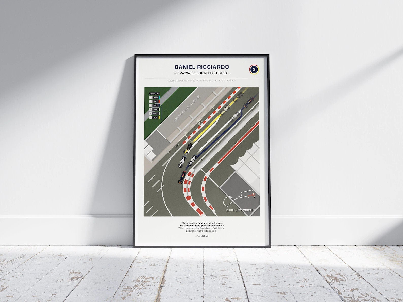 Kreatives Deko Print von justgoodmood: Daniel Ricciardo gegen FMassa, Hülkenberg und Stroll im Hintergrund, perfektes Poster für F1 Begeisterte.