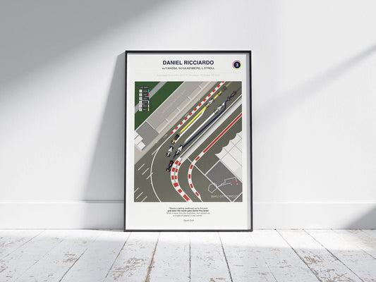 Poster Formel 1 Überholmanöver Linien Kurve Windschatten Rennstrecke Rennfahrer Rennwagen I Deko Print ohne Rahmen von justgoodmood - Nervenkitzel der Rennstrecke mit Daniel Ricciardo im Baku Circuit.