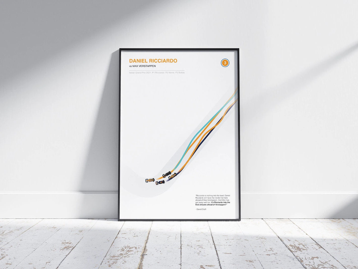 Hochwertiges Poster von justgoodmood – Formel 1 Überholmanöver von Daniel Ricciardo vs Max Verstappen, ideal für Motorsport-Fans als Wanddekoration.
