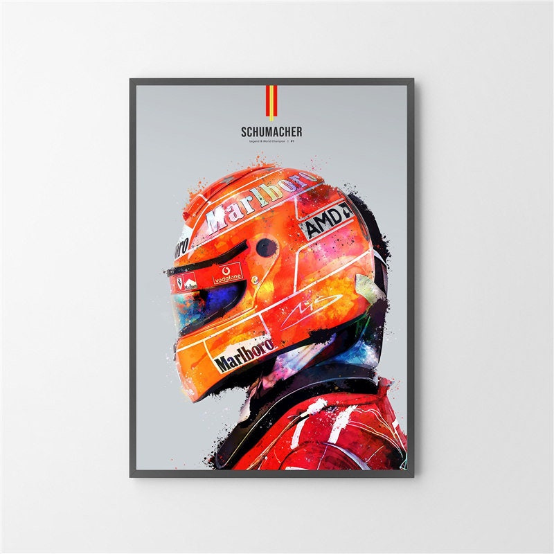 Künstlerisches Poster eines Formel 1 Rennfahrerhelms mit dem Namen Schumacher von JustGoodMood. Ein Muss für jeden Rennsport-Fan!