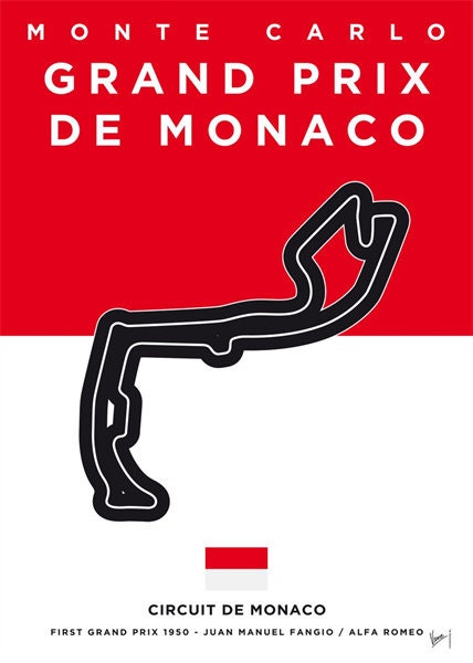 Kunstvolles Poster des Formel 1 Grand Prix von Monaco, inkl. der Rennstrecke und Flagge, von justgoodmood. Perfekte Deko für Motorsport-Fans.