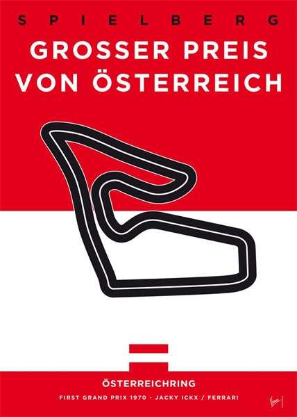 Faszinierendes Poster des Großen Preises von Österreich mit der Rennstrecke und Flagge, von justgoodmood. Ein Muss für jede Sammlung!
