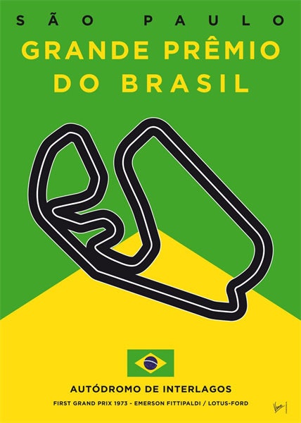 Lebhaftes Poster des Grande Prêmio do Brasil von Formel 1, gestaltet von justgoodmood, zeigt die Strecke auf der brasilianischen Flagge.