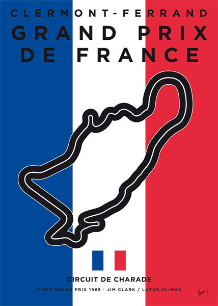 Faszination Formel 1 Poster von justgoodmood mit Rennstrecke und französischer Flagge für den Grand Prix de France.