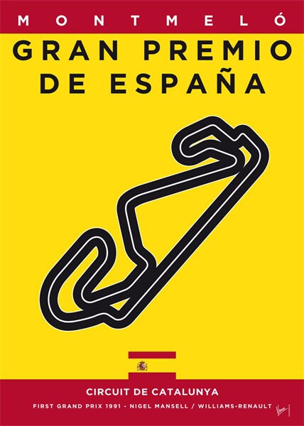 Spannendes Formel 1 Poster von justgoodmood mit Rennstrecke und spanischer Flagge für den Gran Premio de España.