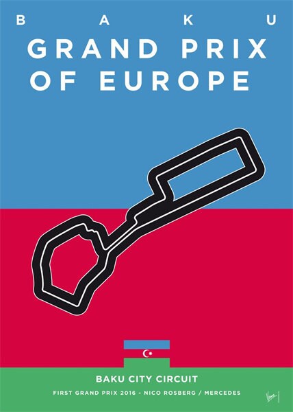 Baku Grand Prix of Europe Poster, zeigt die Rennstrecke im modernen Design. Ideal für Motorsport-Fans und als Deko-Print von justgoodmood.