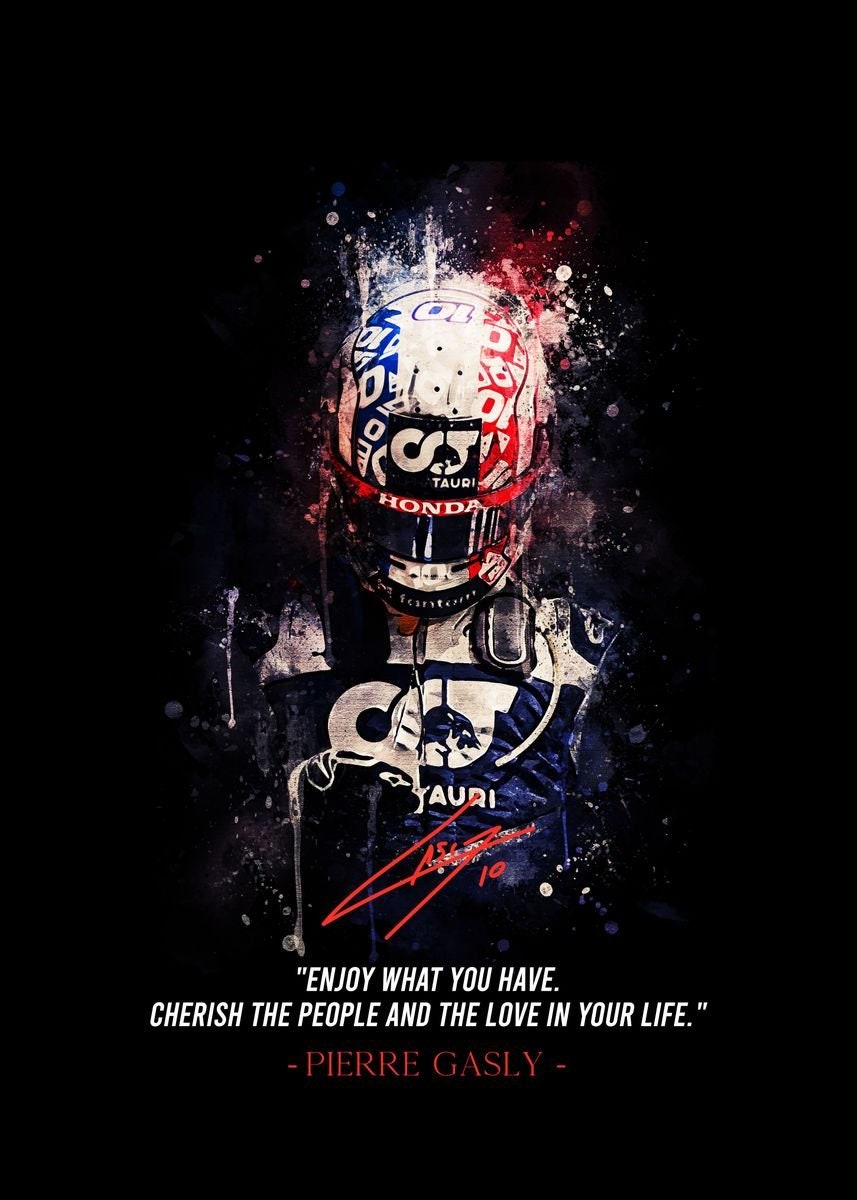 Inspirierendes Formel 1 Poster von justgoodmood: Kunstwerk mit Rennfahrer und motivierendem Zitat, ideal zur Wanddekoration für Motorsportbegeisterte.