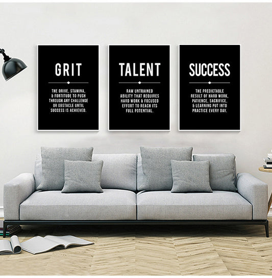 Schwarze Motivationsposter mit den Worten Grit, Talent und Success von justgoodmood, ideal für inspirierende Wanddekoration.