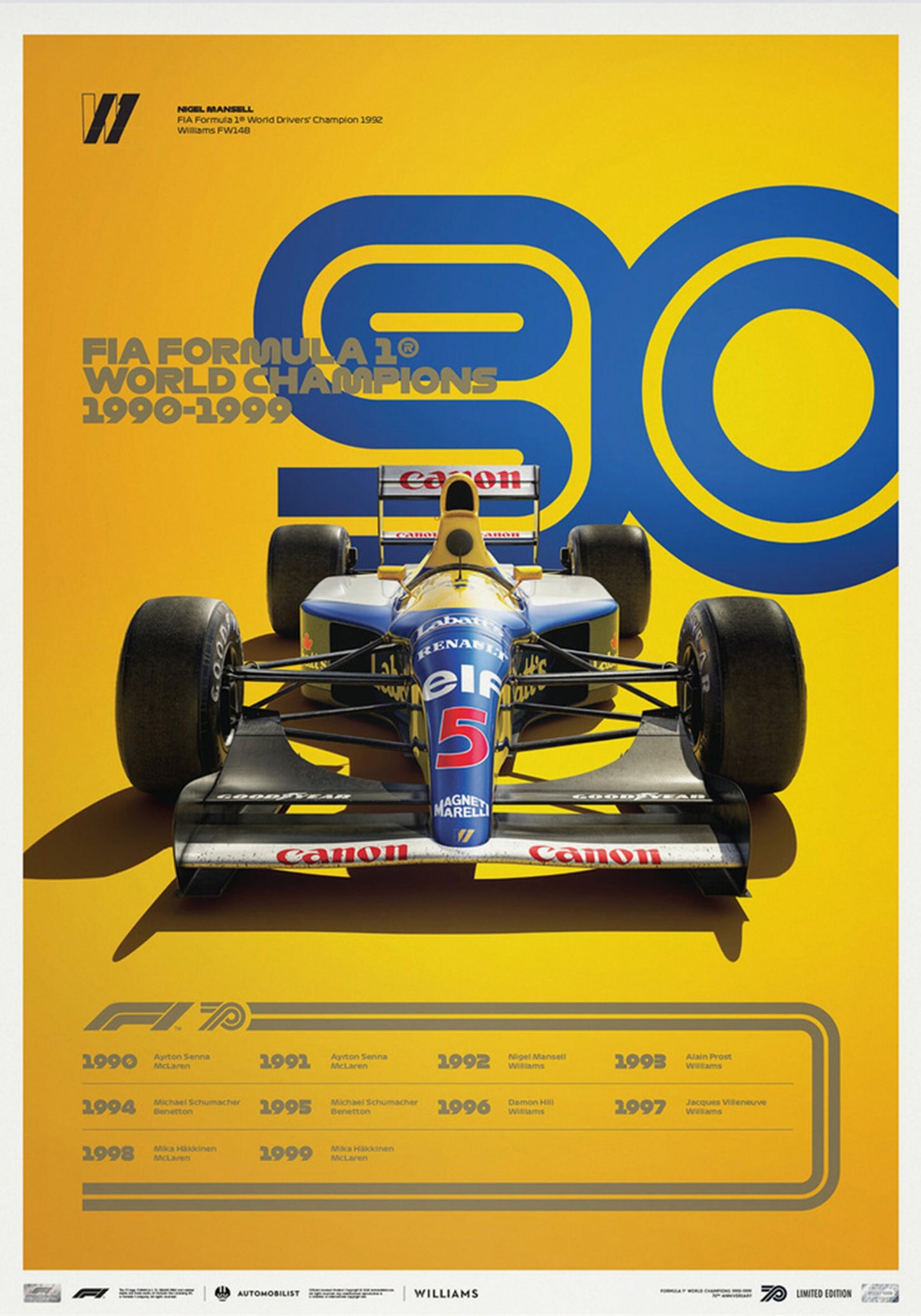 Poster Formel 1 Jahrzehnte Rennwagen Chronologie Legenden von justgoodmood, zeigt den Williams FW14B Formel-1-Rennwagen mit einer farbenfrohen Darstellung der Weltmeister zwischen 1990 und 1999.