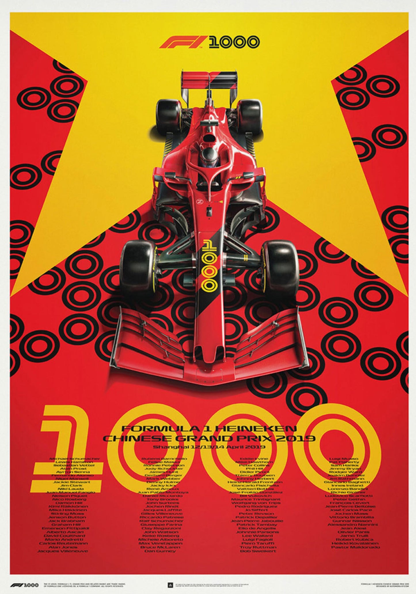 Poster Formel 1 Jahrzehnte Rennwagen Chronologie Legenden von justgoodmood, zeigt den Ferrari-Rennwagen der F1 1000 und feiert das 1000. Rennen der Formel 1 in einem fesselnden roten und gelben Design.