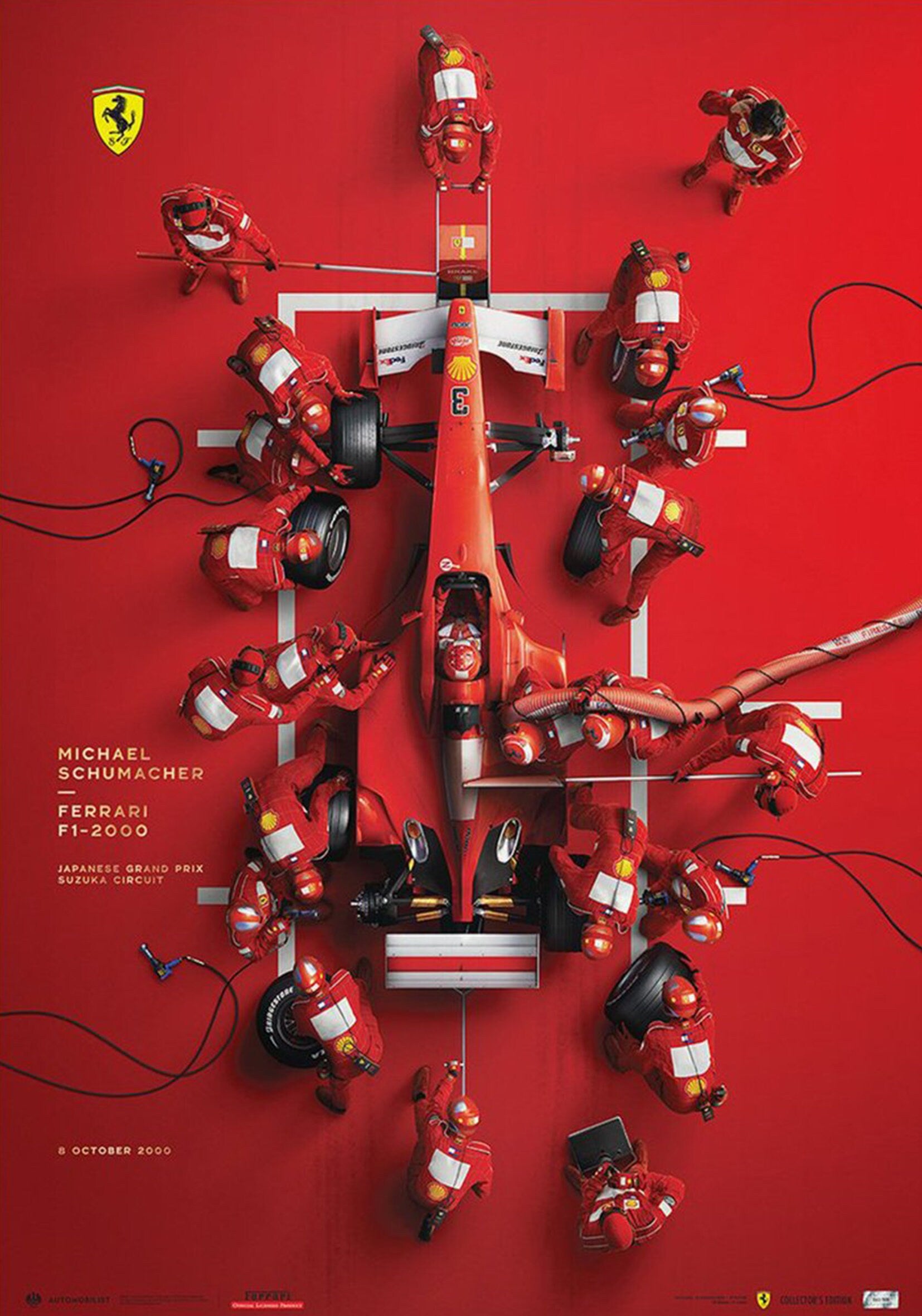 Poster Formel 1 Michael Schumacher mit Ferrari F1-2000, das aufregende Rennen in Suzuka zeigt, erhältlich bei justgoodmood als Deko-Print.