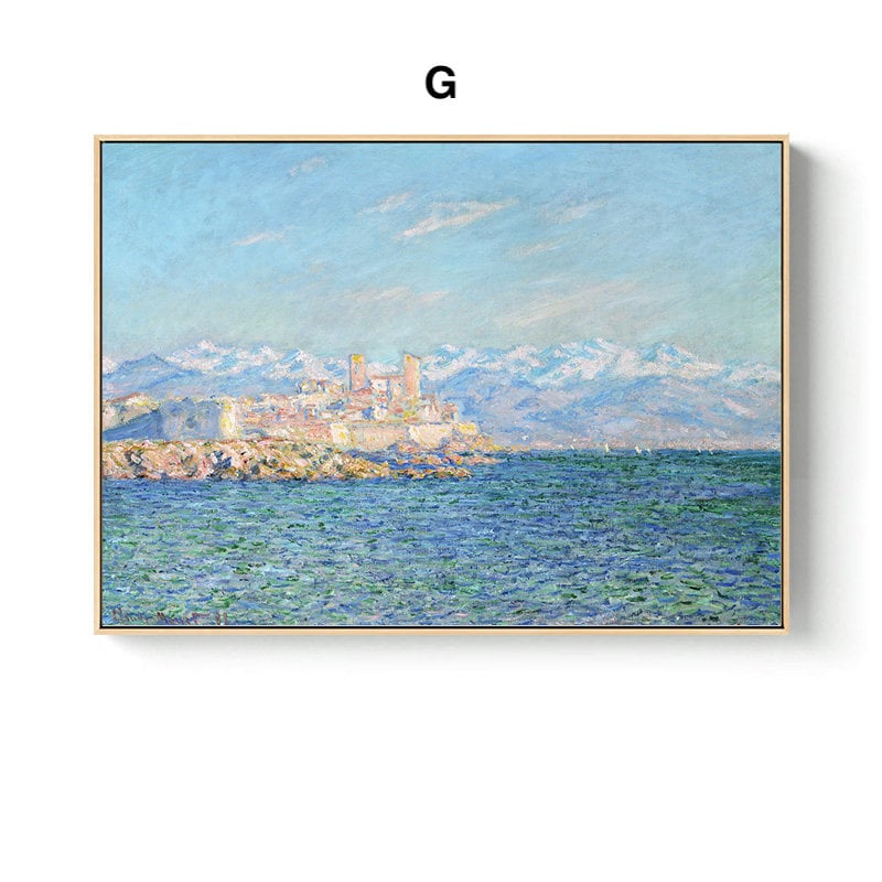 Traumhaftes Vintage Poster von Claude Monet, das eine malerische Küstenlandschaft zeigt, ideal für Ihr Zuhause, angeboten von justgoodmood.