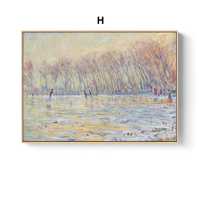 Vintage Claude Monet Poster: Impressionist Kunst von justgoodmood, zeigt eine malerische Winterlandschaft mit Menschen, die auf einem zugefrorenen See stehen.