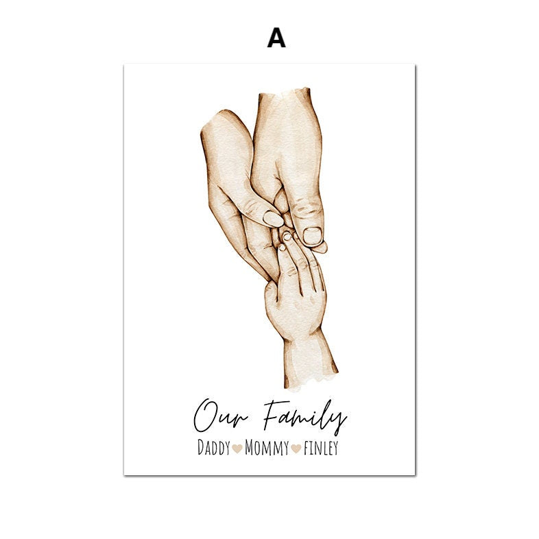 Einzigartiges Familienposter von justgoodmood mit Darstellung von Händen und Namen, ideal für jeden Raum. Perfekt als Deko Print, der Liebe und Zusammengehörigkeit ausstrahlt.