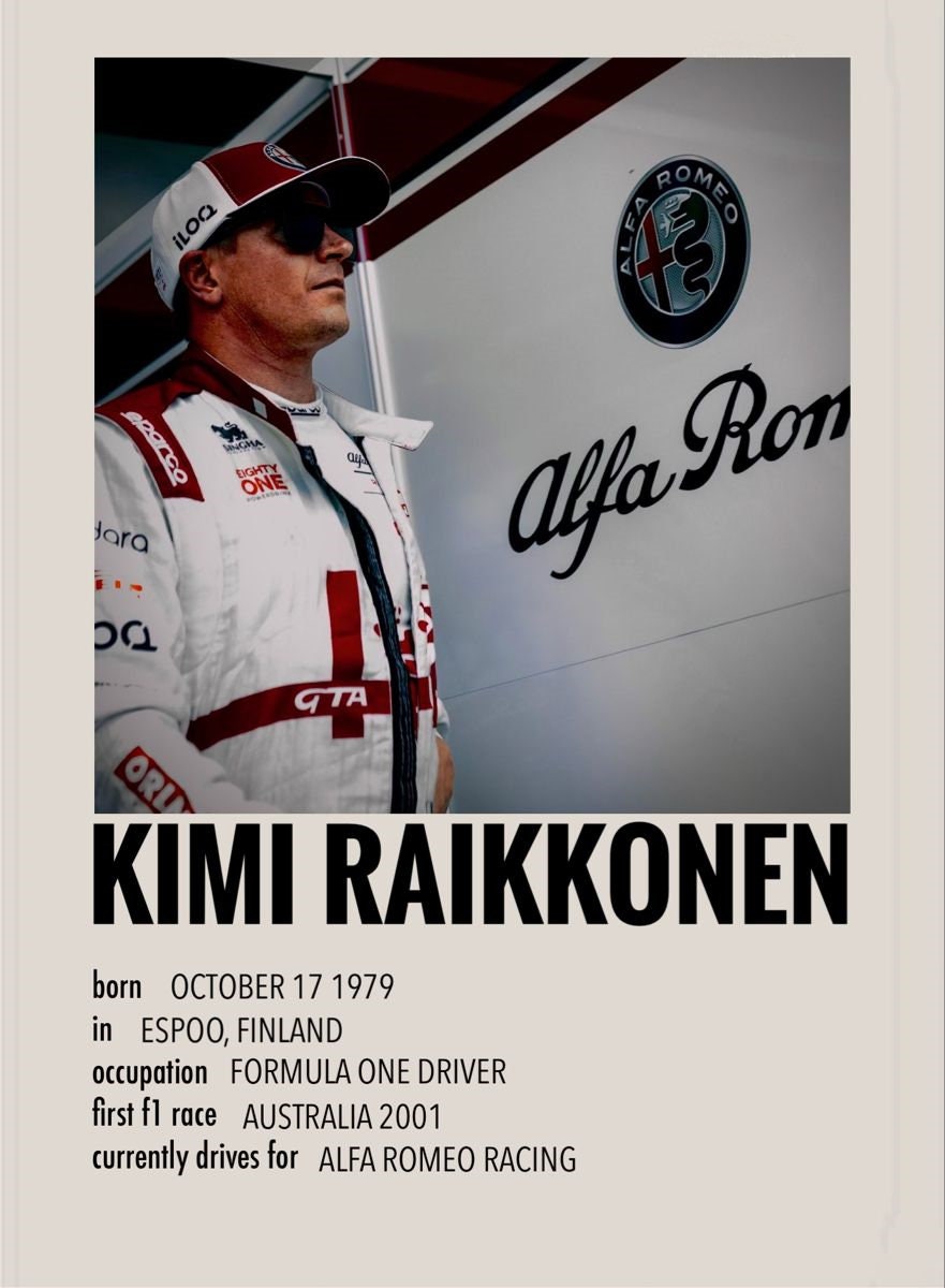 Erlebe die Faszination des Motorsports mit dem Formel 1 Rennfahrer Sammelkarten Poster von justgoodmood. Auf diesem Poster ist Kimi Räikkönen abgebildet, ein talentierter Formel 1 Fahrer, der für Alfa Romeo Racing fährt.