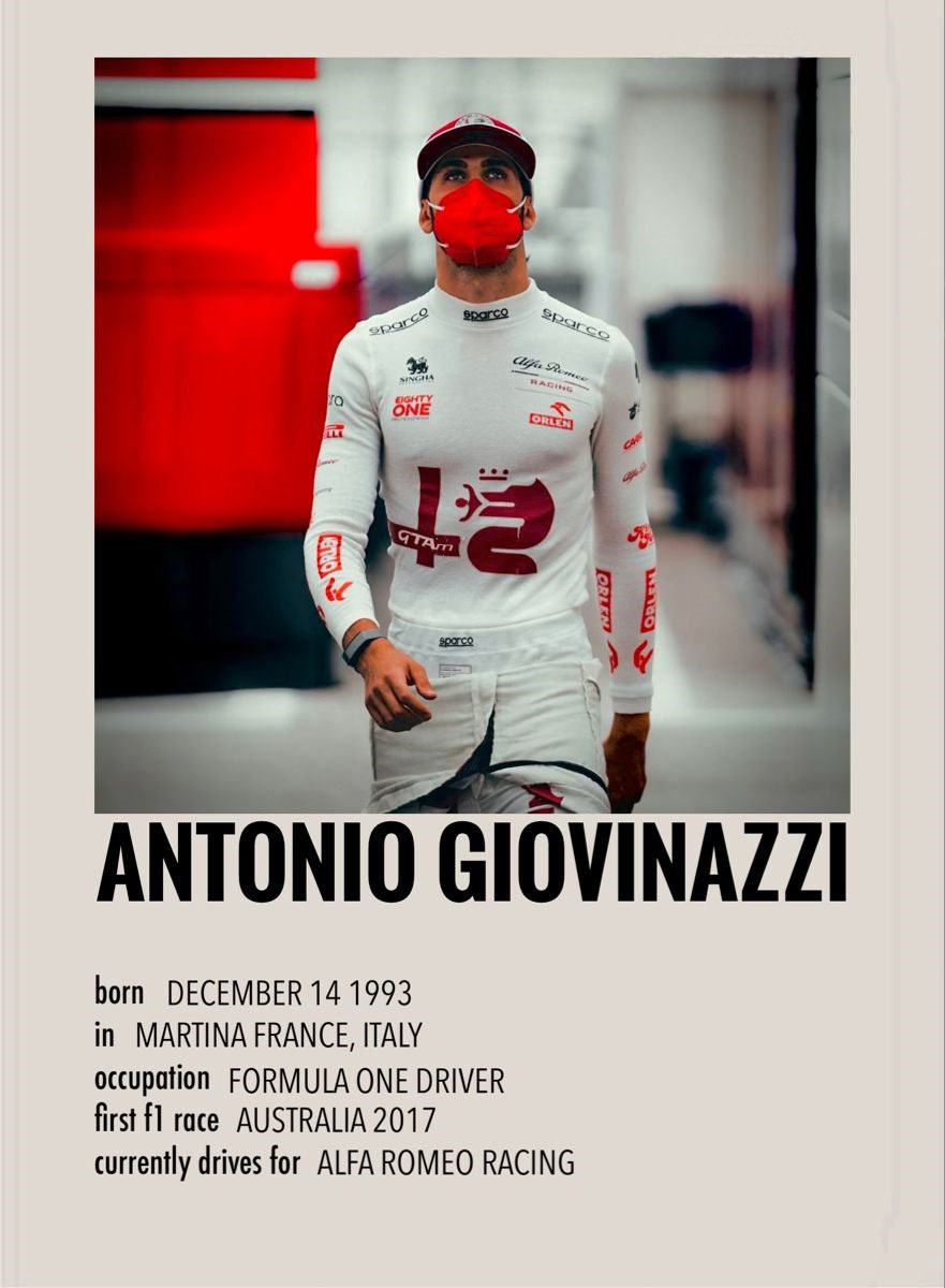 Antonio Giovinazzi in Aktion auf dem Formel 1 Poster Sammelkarten von justgoodmood, eine perfekte Ergänzung für jedes Motorsport-Deko-Set!