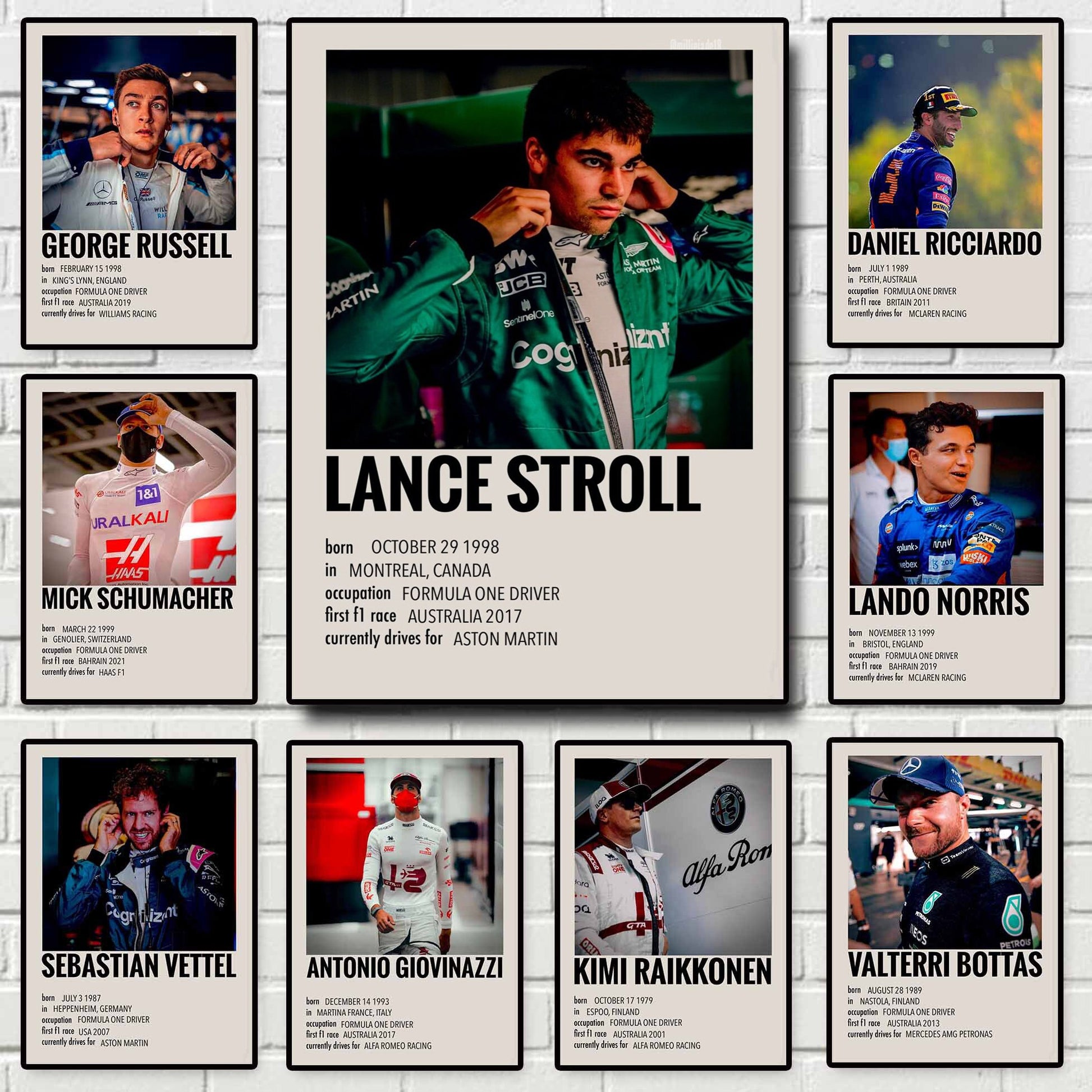 Ein schönes Poster mit Formel 1 Rennfahrer Sammelkarten von justgoodmood. Die kunstvolle Gestaltung zeigt verschiedene F1-Fahrer und bringt die Energie des Motorsports in jedes Zuhause.