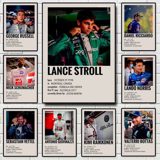 Ein schönes Poster mit Formel 1 Rennfahrer Sammelkarten von justgoodmood. Die kunstvolle Gestaltung zeigt verschiedene F1-Fahrer und bringt die Energie des Motorsports in jedes Zuhause.