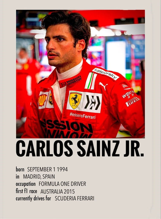Stylisches Poster von Carlos Sainz Jr. als Formel 1 Fahrer, perfekt für jedes Zuhause, von justgoodmood, erhältlich unter Poster Formel 1 Rennfahrer Sammelkarten.