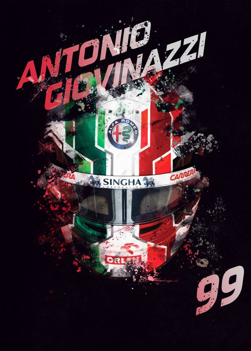 Deko Print Formel 1 Helm von Antonio Giovinazzi mit Fahrer Nummer 99, exklusiv erhältlich bei justgoodmood – perfekter Blickfang für Rennsportliebhaber!