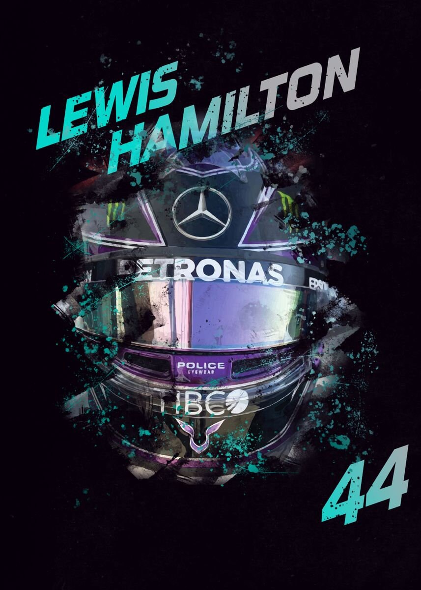 Dynamische Illustration des Formel 1 Helms von Lewis Hamilton, Fahrernummer 44, idealer Deko Print von justgoodmood für Rennsportliebhaber.