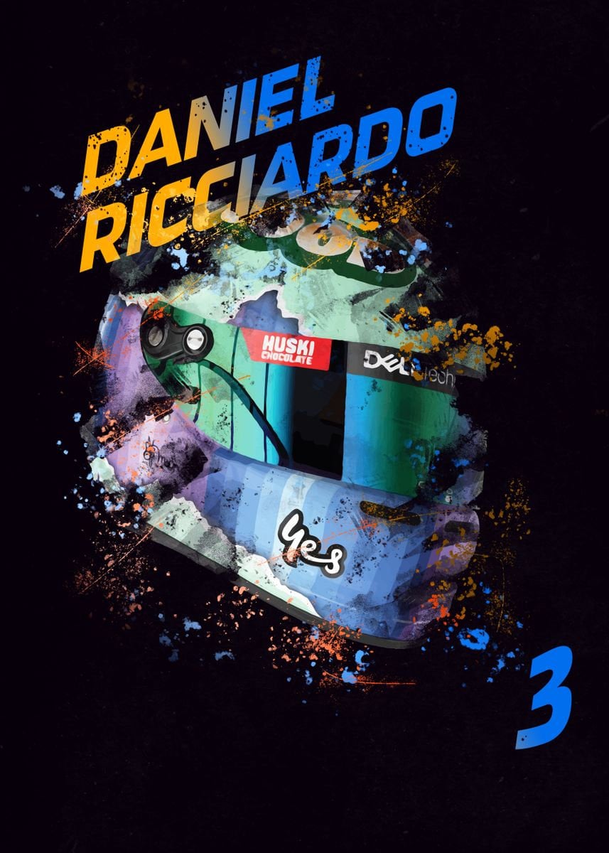 Mitreißendes Poster von Daniel Ricciardo, das seinen Formel 1 Helm und die Fahrernummer 3 zeigt, erhältlich als stylischer Deko Print ohne Rahmen von justgoodmood.