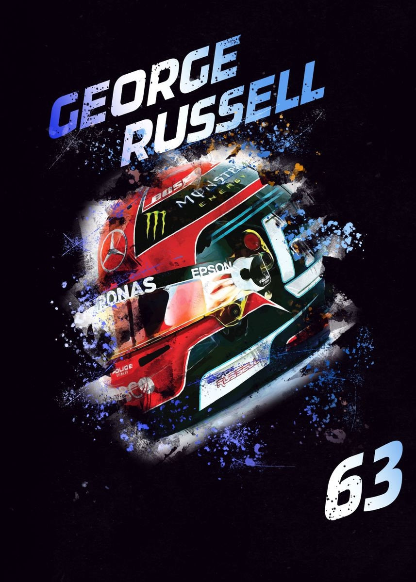 Futuristische Grafik eines Formel 1 Helms von George Russell, mit der Fahrernummer 63, perfekter Deko Print von justgoodmood, ideal für Motorsport-Fans.