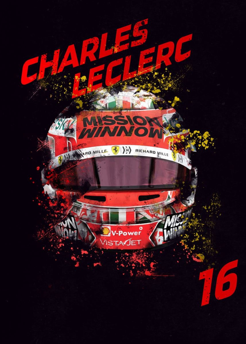 Faszinierendes Poster von Charles Leclerc mit seinem Formel 1 Helm und der Fahrernummer 16, ideal als Deko Print ohne Rahmen von justgoodmood.
