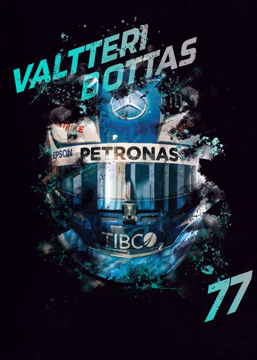 Poster Formel 1 Helme von justgoodmood mit dem stylischen Helmdesign von Valtteri Bottas, markiert mit der Fahrernummer 77, ideal für die Deko!