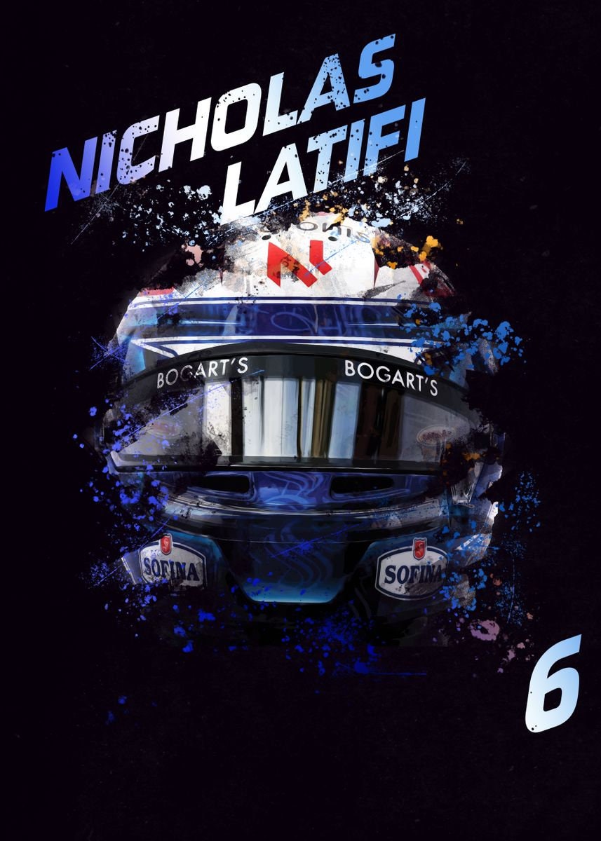 Poster Formel 1 Helme von justgoodmood, präsentiert den Helmdesign von Nicholas Latifi, inklusive seiner Fahrernummer 6, perfekt für Ihr Zuhause!