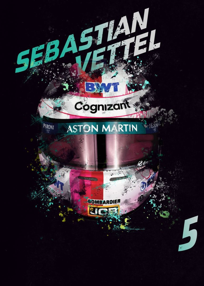 Faszinierendes Poster von Formel 1 Helm eines Rennfahrers mit Fahrernummer 5. Hochwertiger Deko Print ohne Rahmen von justgoodmood für Motorsport-Fans.