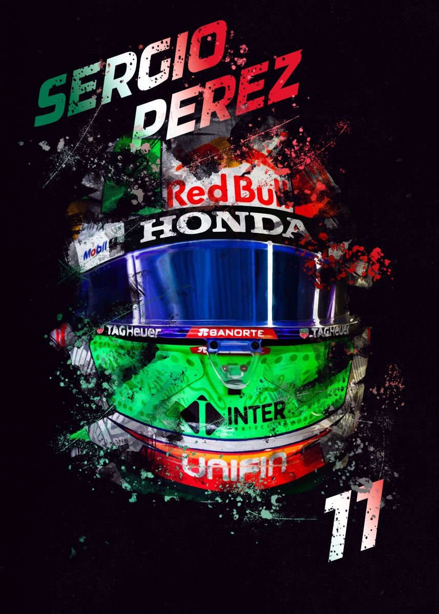 Lebendiges Poster des Formel 1 Helms von Sergio Perez mit Fahrernummer 11. Hochwertiger Print ohne Rahmen von justgoodmood, perfekt für Motorsport-Liebhaber.